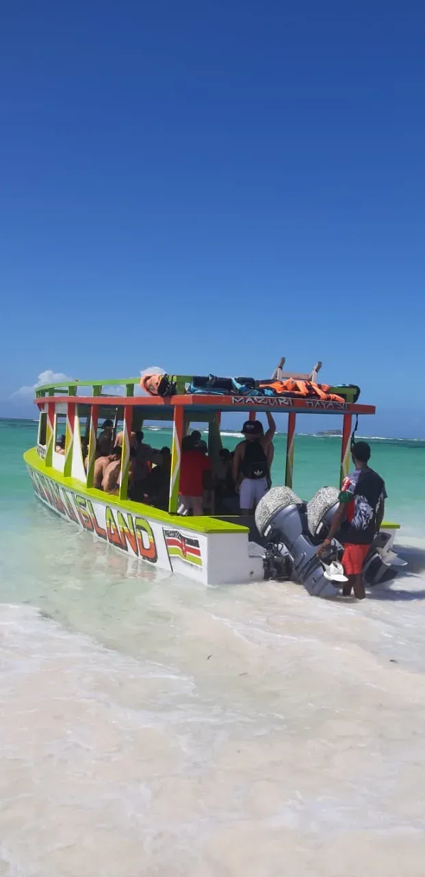 La barca dell'escursione vista dall'acqua bassa, con lo scafo giallo e verde e il tetto ombreggiato.