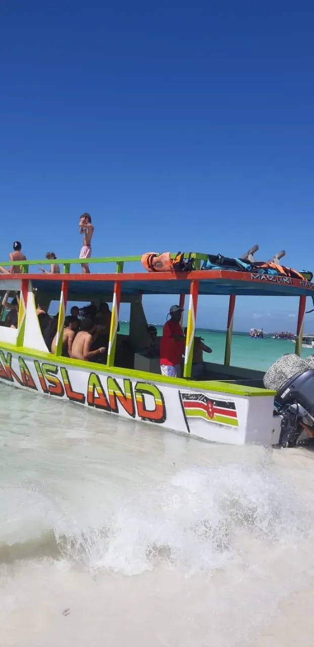 La barca dell'escursione e un'onda che si rompe in primo piano sul banco di sabbia.
